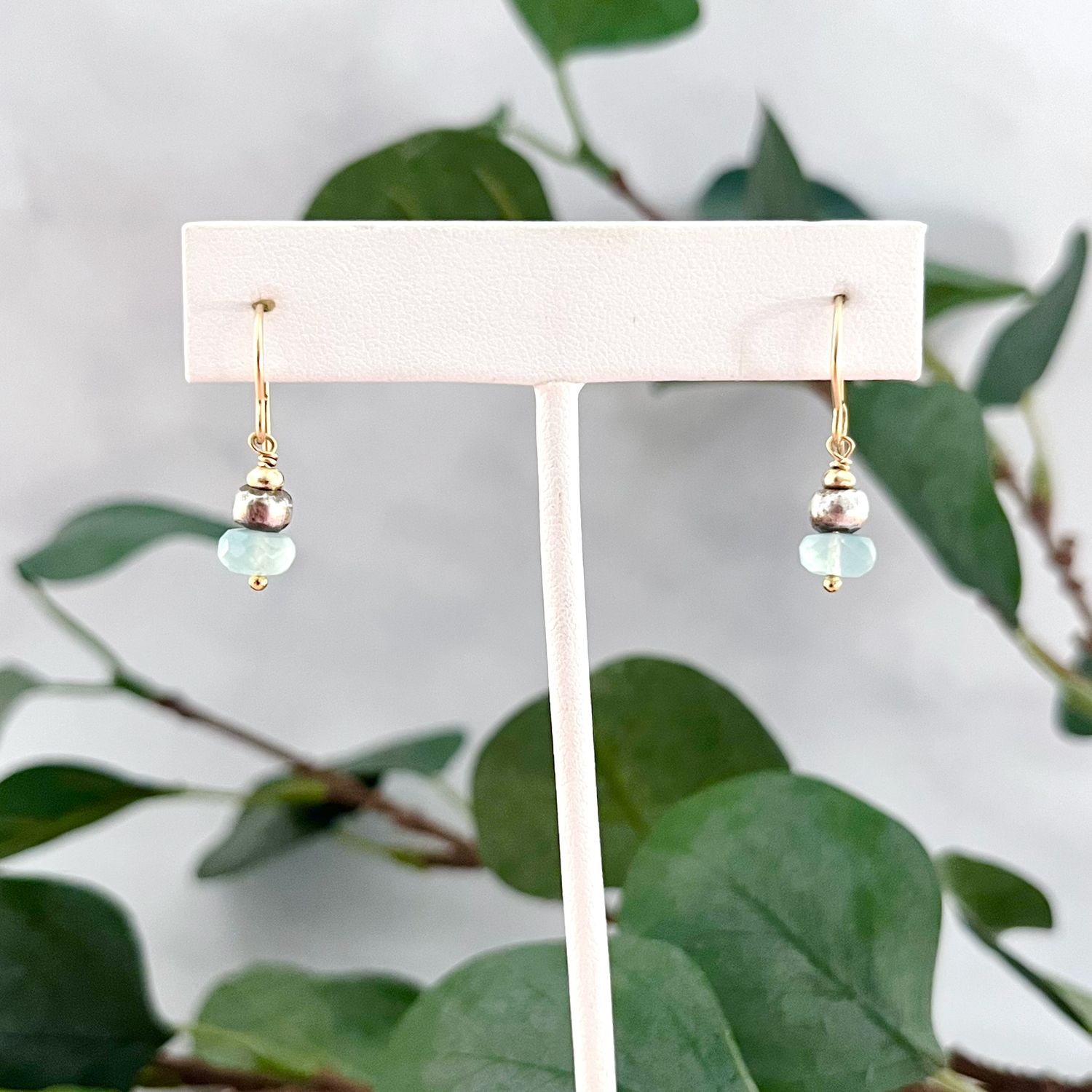 Handmade Aqua Chalcedony Drop with Silver Bead Earring on Gold Fill Wire