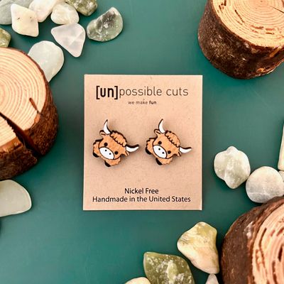 Highland Cow Lasercut Wood Earrings on Sterling Silver Posts