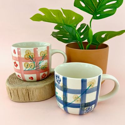 Hand-Painted Stoneware Mug with Grid Pattern