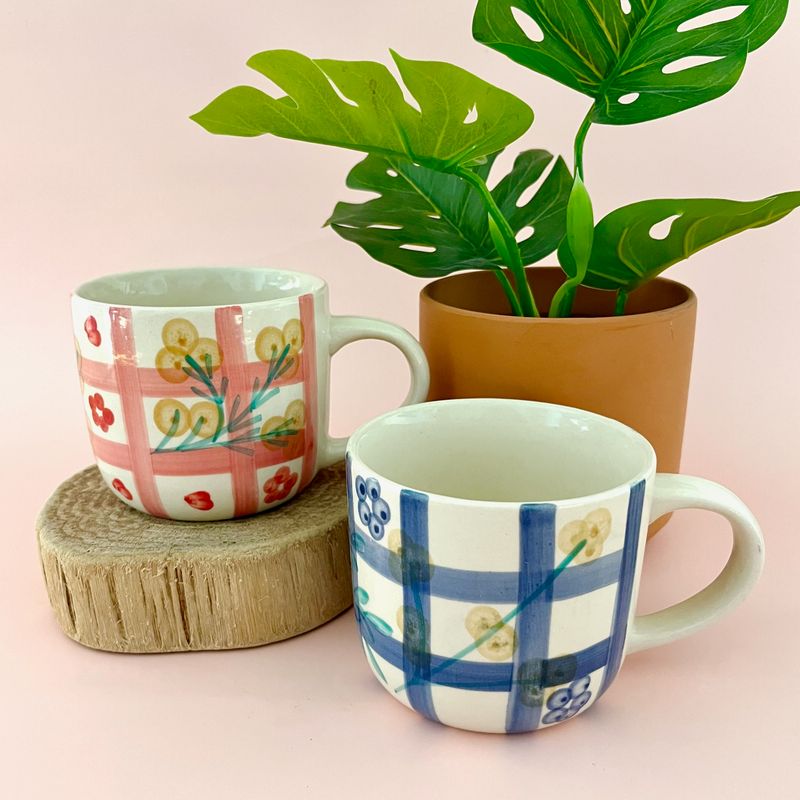 Hand-Painted Stoneware Mug with Grid Pattern