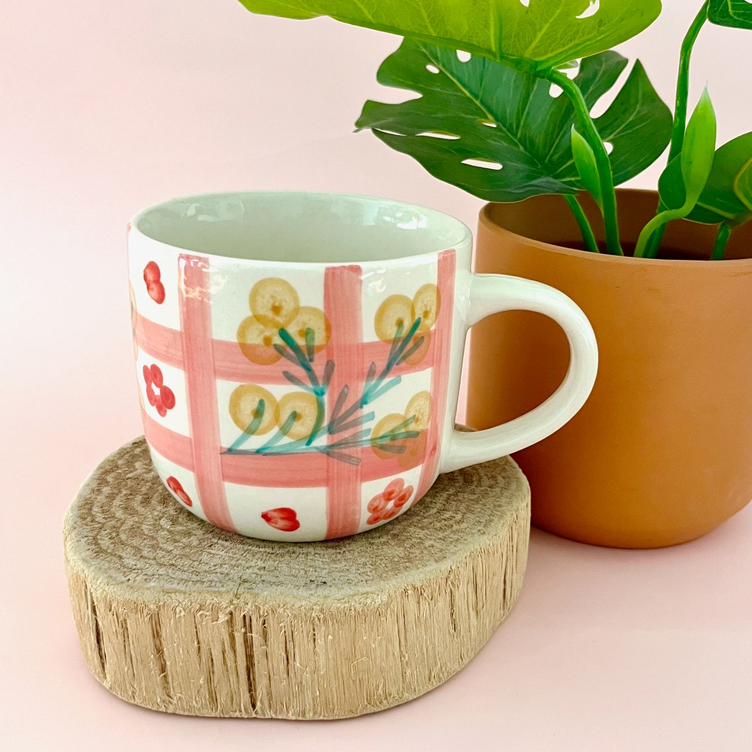 Hand-Painted Stoneware Mug with Grid Pattern, Style: Pink