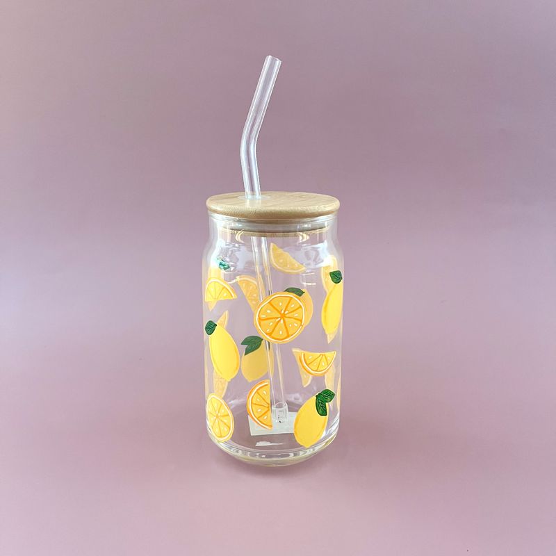 Lemon Lidded Glass Tumbler With Straw