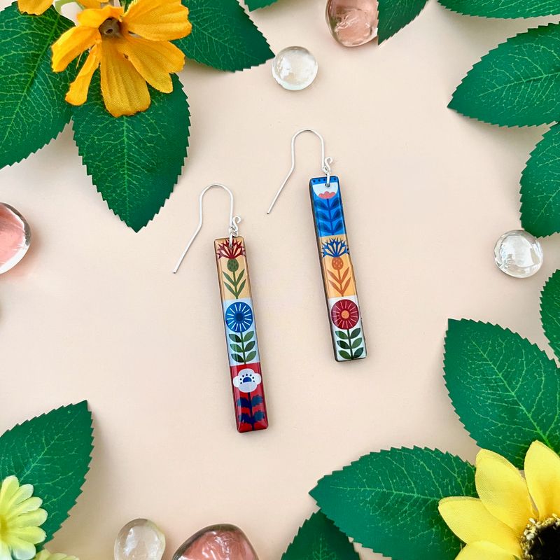 Handmade Long Bar Wood/Resin/Paper Earrings,   Bright Scandinavian