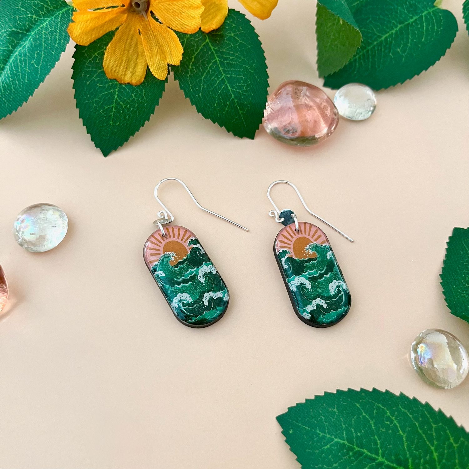 SS26 Oblong Paper + Wood Earring, Style: Mod Pink + Green Sunset