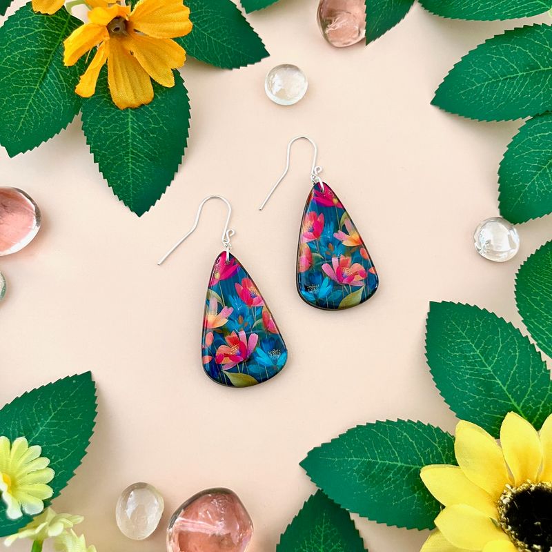 Teardrop Paper + Wood Earring Bright Watercolor Floral