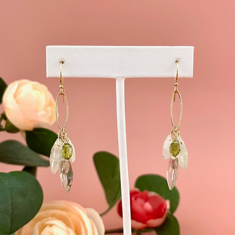 Handmade green amethyst, prehnite, moonstone, peridot cluster earrings, vermeil