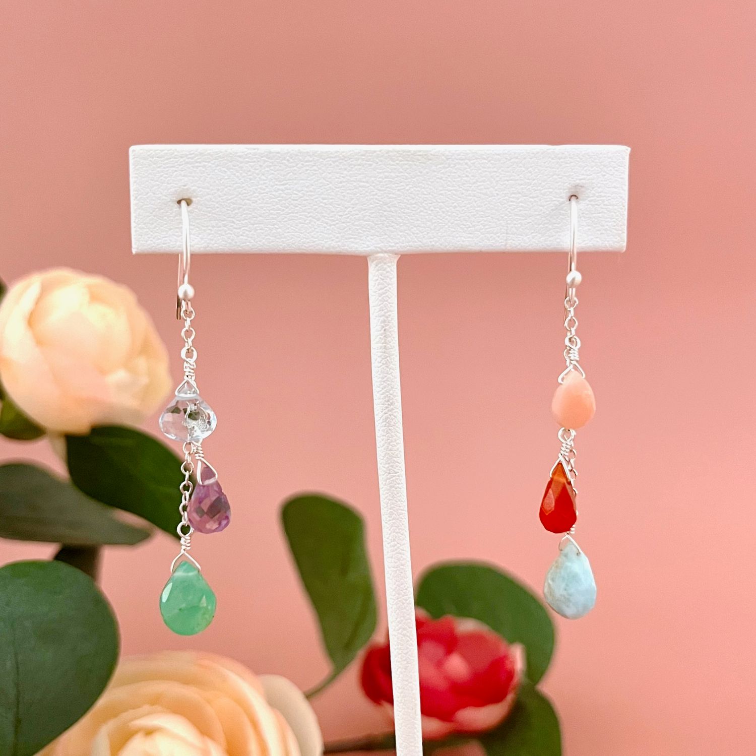 Handmade short opal, topaz, carnelian, amazonite, amethyst earrings, silver