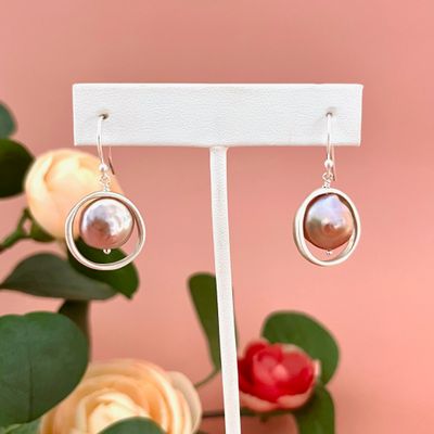Handmade Open Circle with Pink Pearl Earrings in Silver