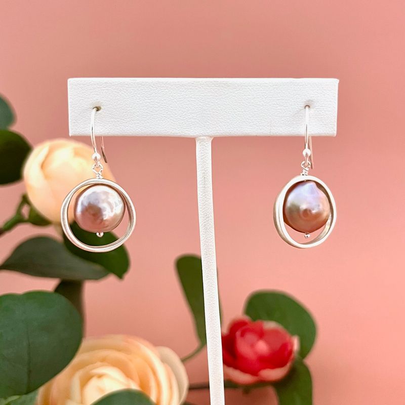 Handmade Open Circle with Pink Pearl Earrings in Silver