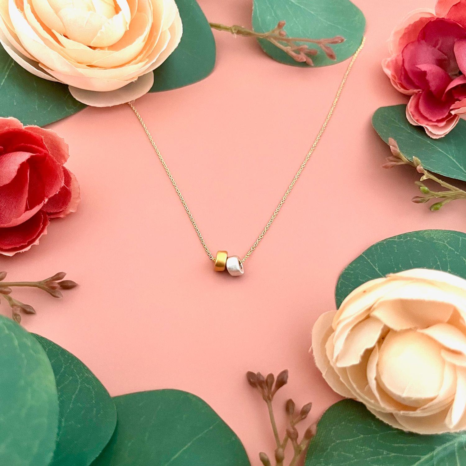 Handmade two beads necklace, mixed metals