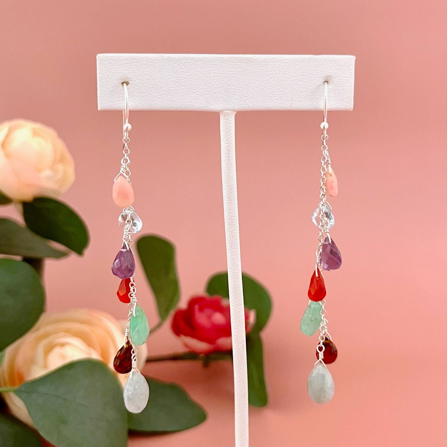 Handmade long opal, topaz, carnelian, amazonite, amethyst earrings, silver