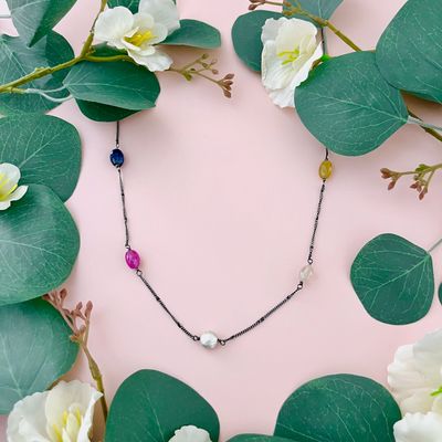 Handmade multi sapphire on chain necklace, sterling silver
