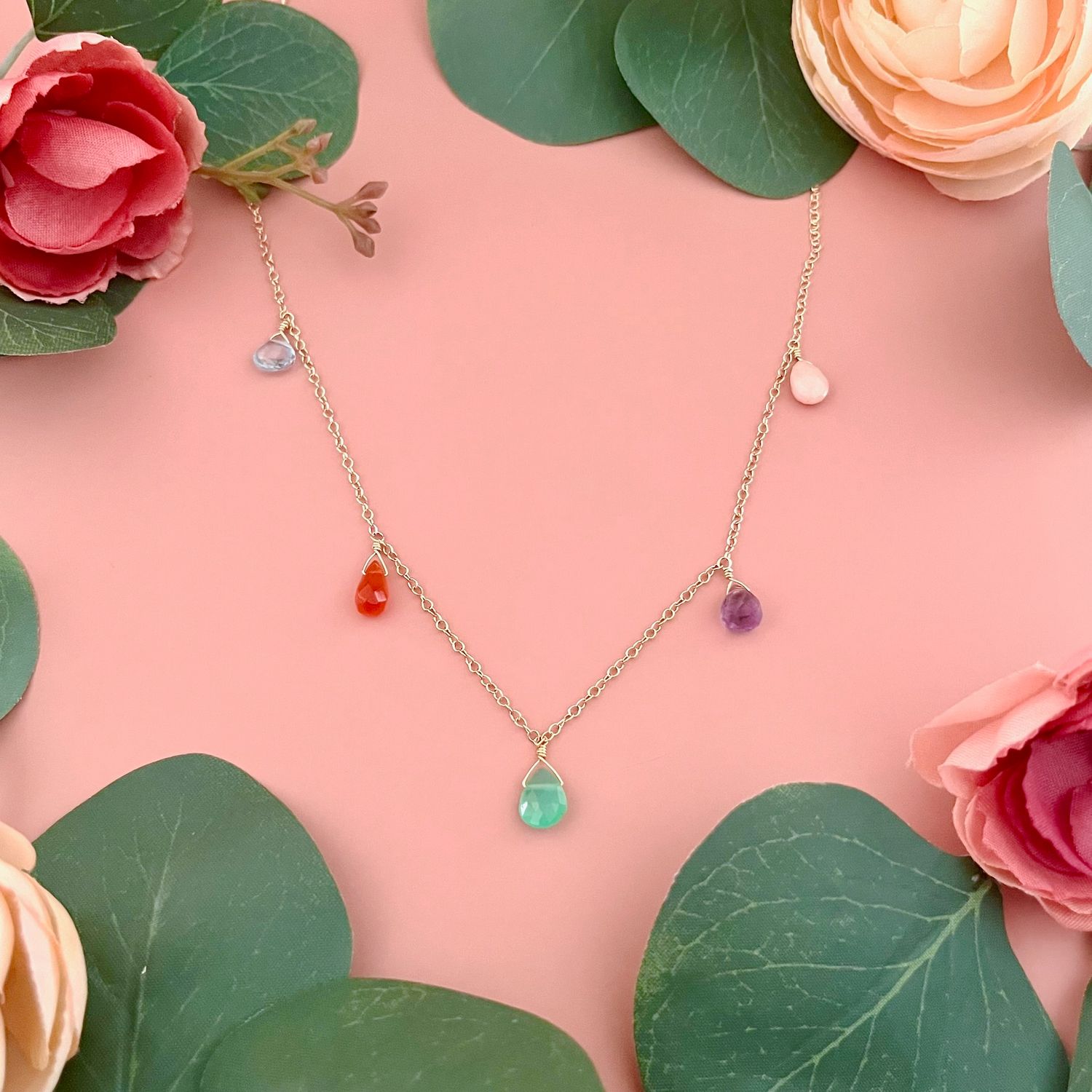 Handmade opal, topaz, carnelian, amazonite, amethyst necklace, vermeil