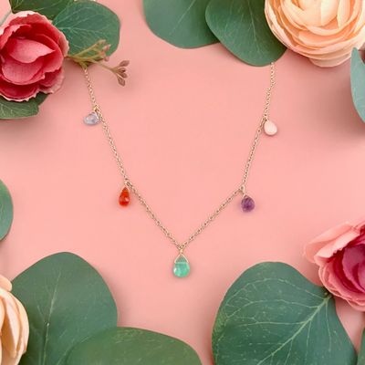 Handmade opal, topaz, carnelian, amazonite, amethyst necklace, vermeil