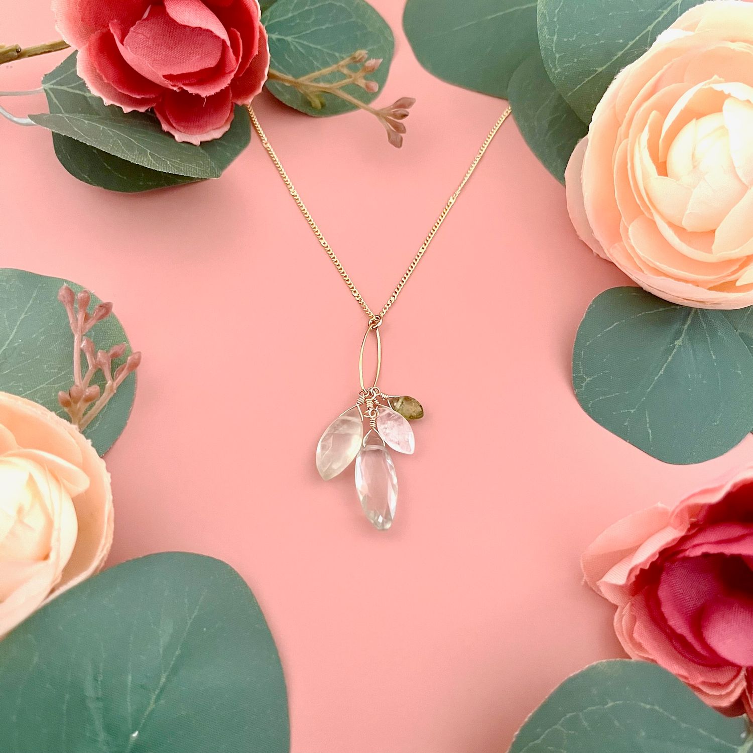 Handmade green amethyst, prenite, moonstone, peridot cluster necklace, vermeil