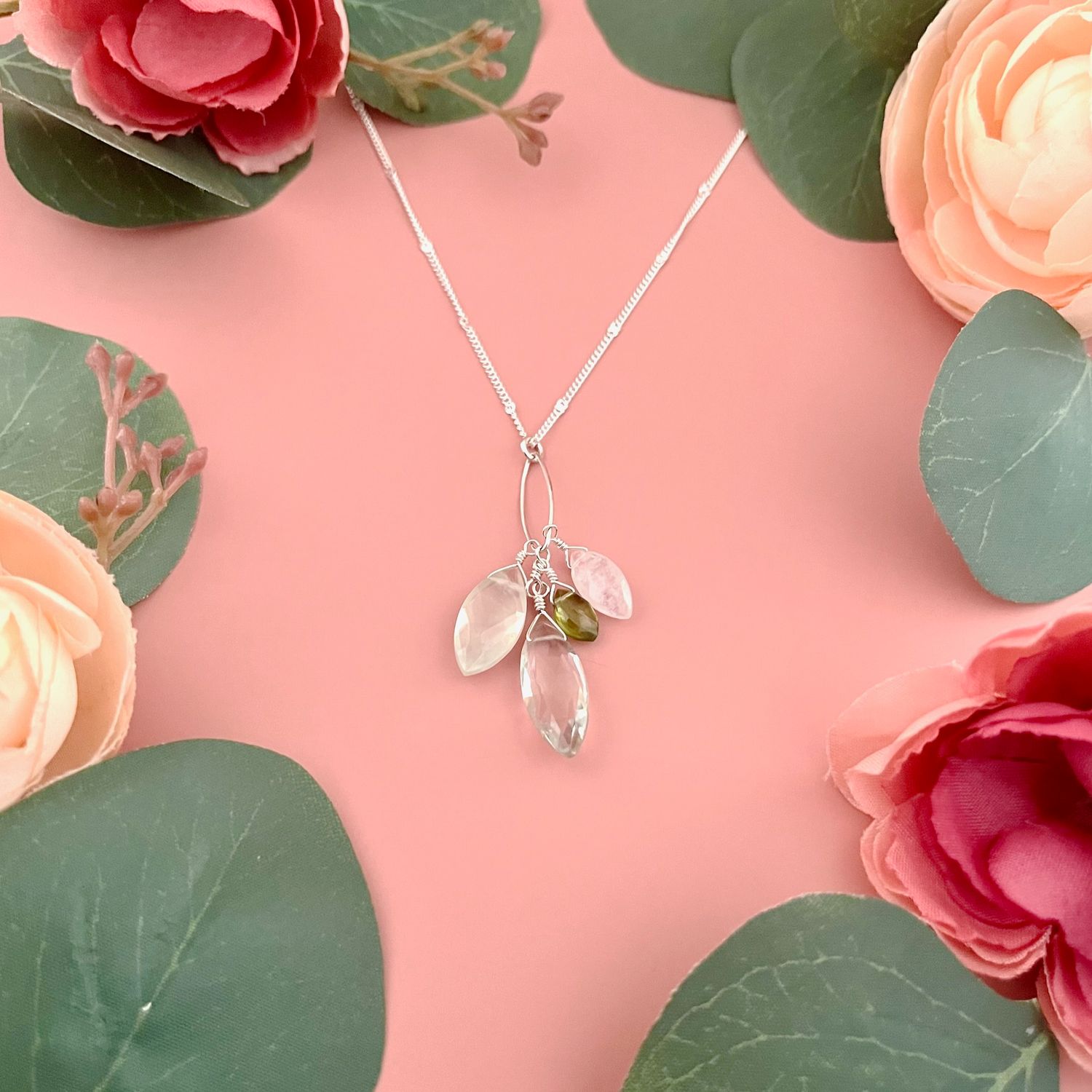 Handmade green amethyst, prenite, moonstone, peridot cluster necklace, silver