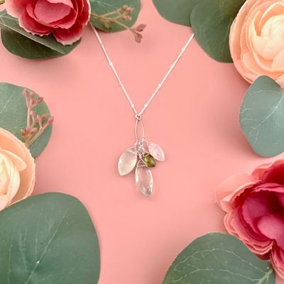 Handmade green amethyst, prenite, moonstone, peridot cluster necklace, silver