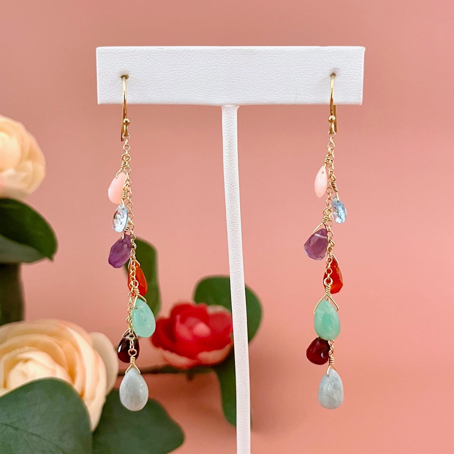 Handmade long opal, topaz, carnelian, amazonite, amethyst earrings, gold vermeil