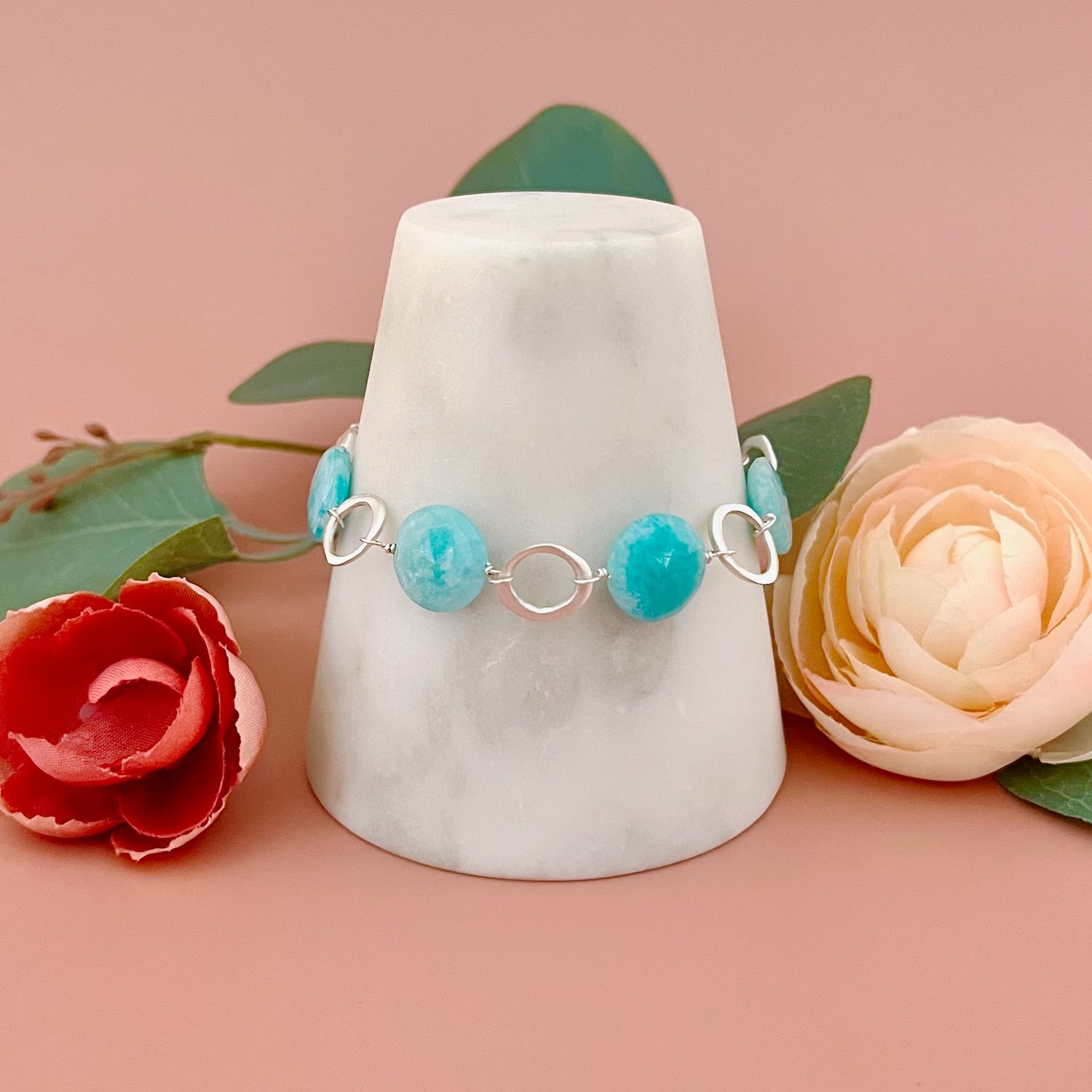Handmade circles with amazonite bracelet, silver