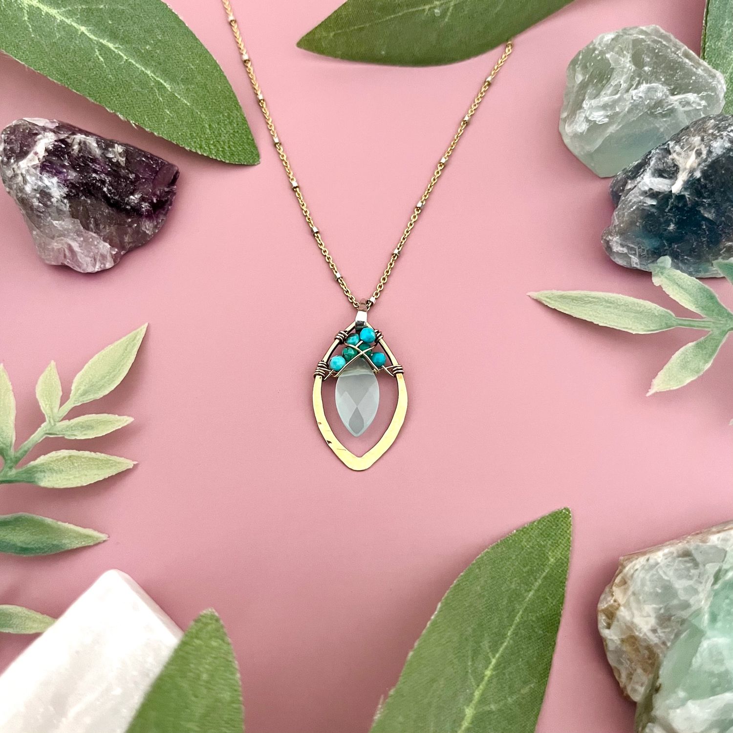 Handmade Turquoise Summer Leaves Necklace by Art by Any Means