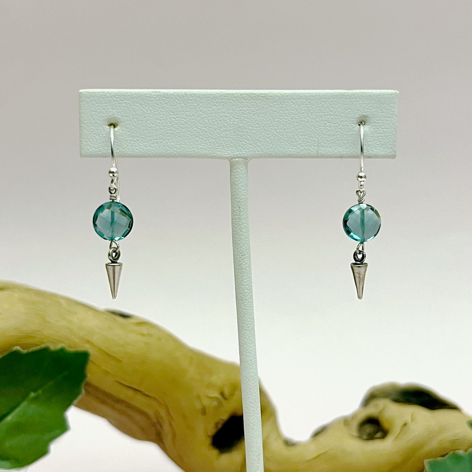 Handmade Earrings with indicolite quartz coin, small spike