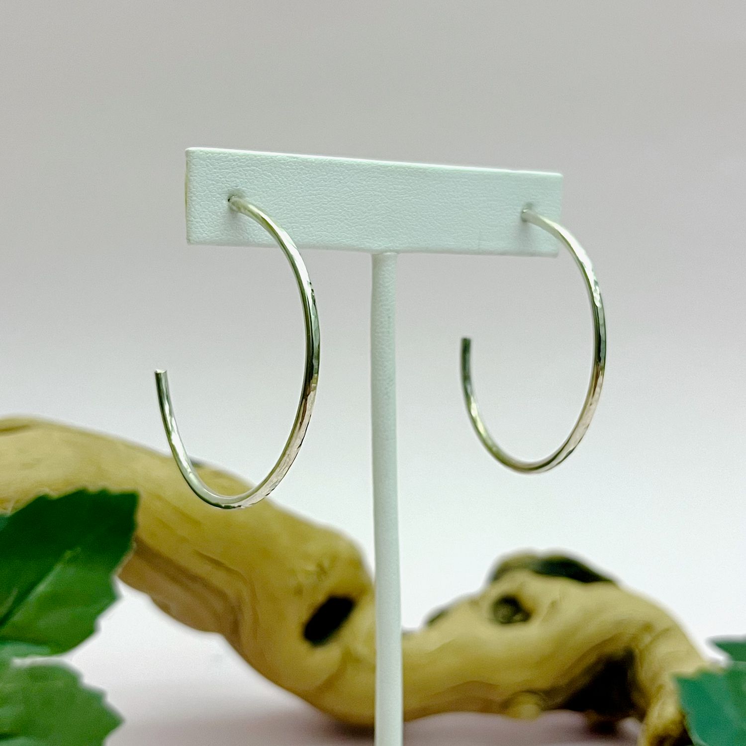Handmade Earrings with hammered silver hoop 1 1/2"