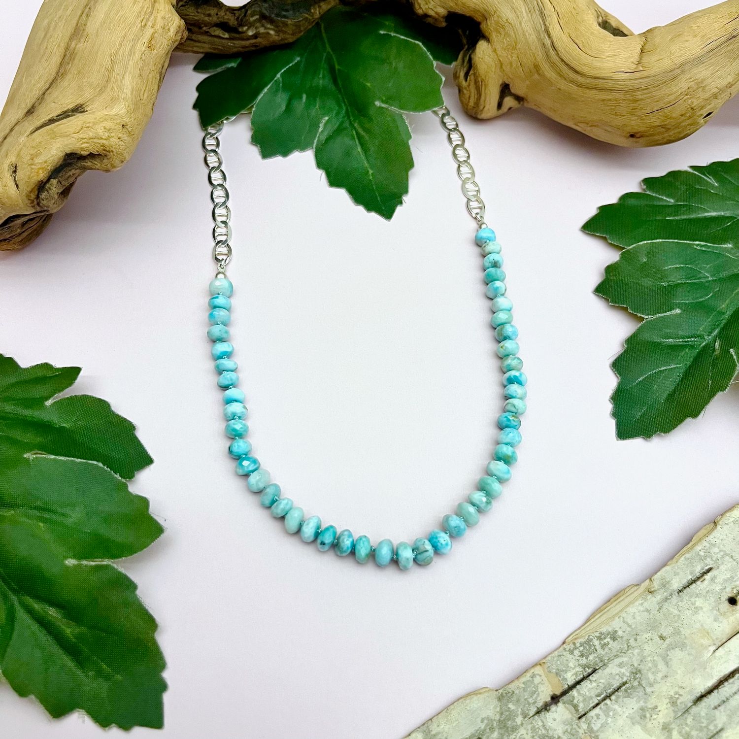 Handmade Necklace with larimar knotted on hand dyed blue silk, 1/2 anchor chain