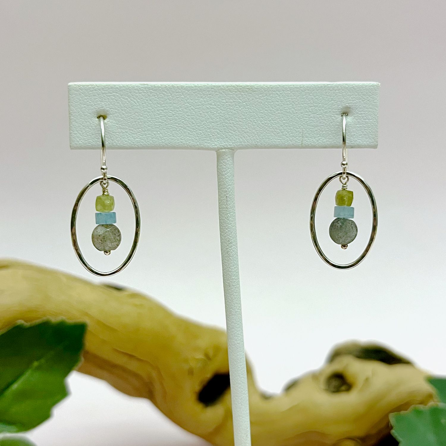 Handmade Earrings with hammered oval, stack green amethyst, aquamarine cubes, labradorite coin