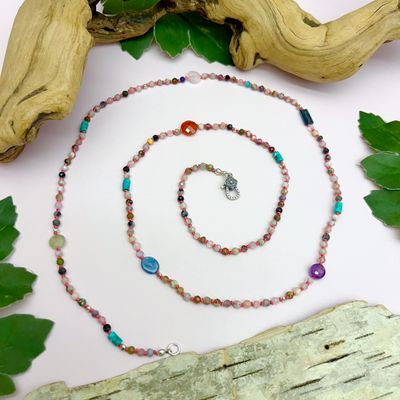 Handmade Necklace with 36" assorted gemstones plus carnelian, kyanite, moss kyanite, rose quartz, peruvian chalcedony knotted on pink silk