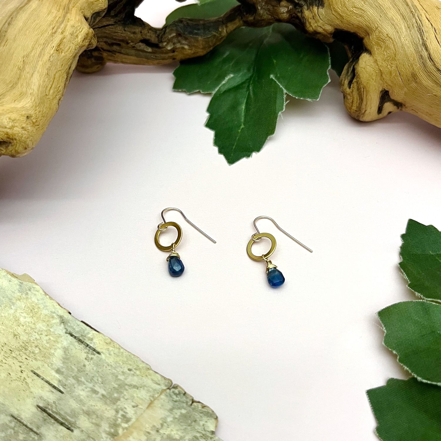 Handmade Earrings with kyanite briolette, 14 k gf rings