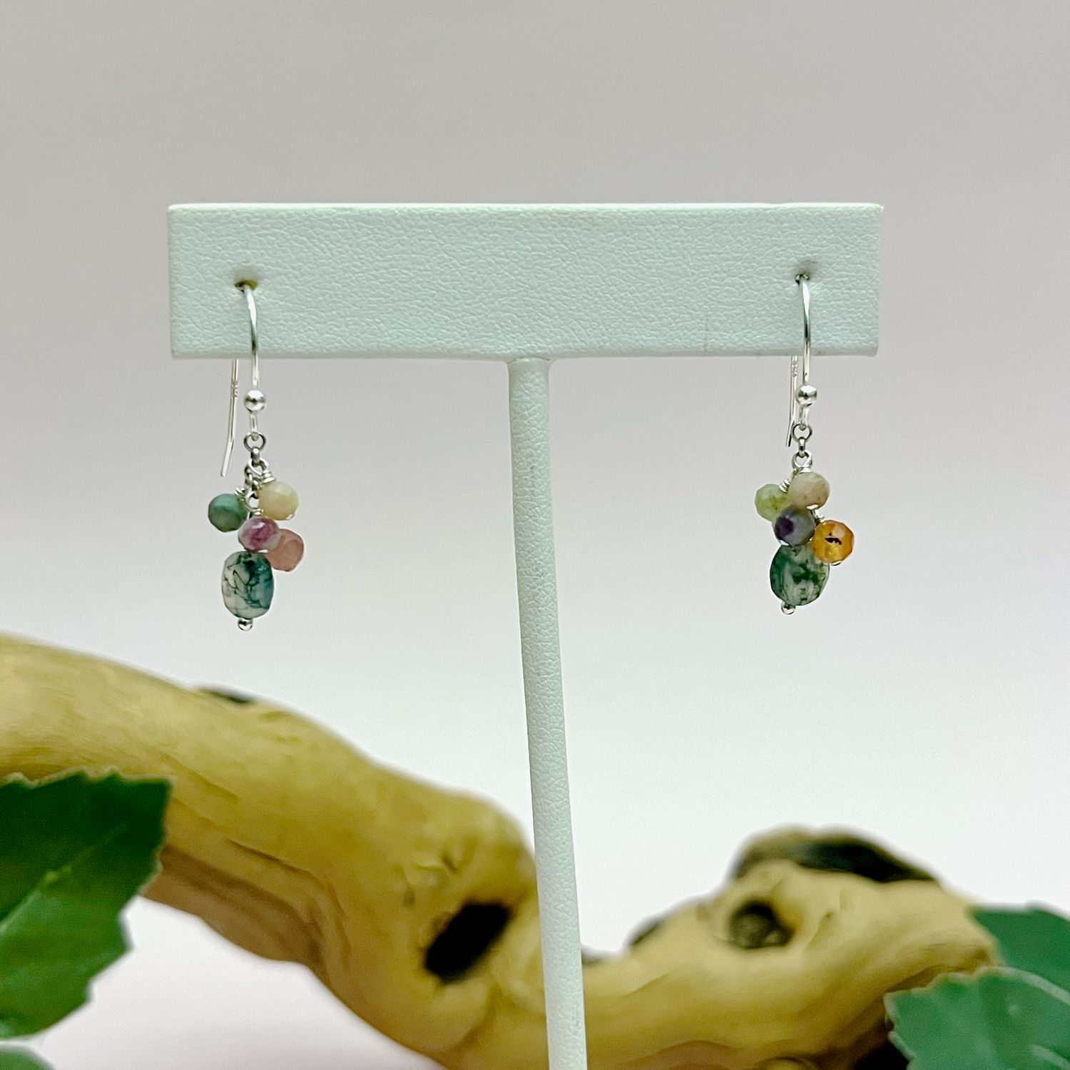 Handmade Earrings with assorted gemstone dangle, moss agate coin