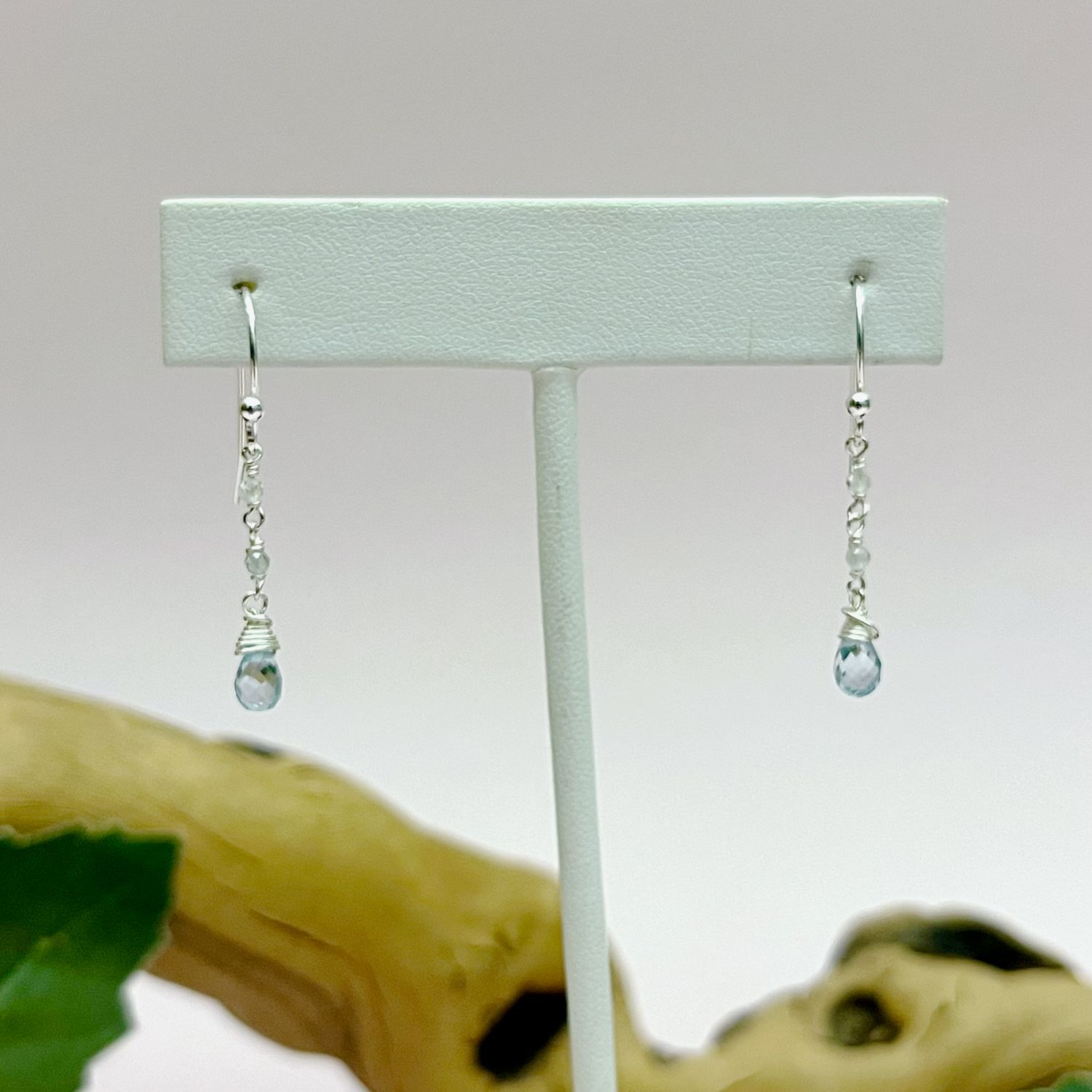 Handmade Earrings with connected tiny aquamarine, sky blue topaz briolette