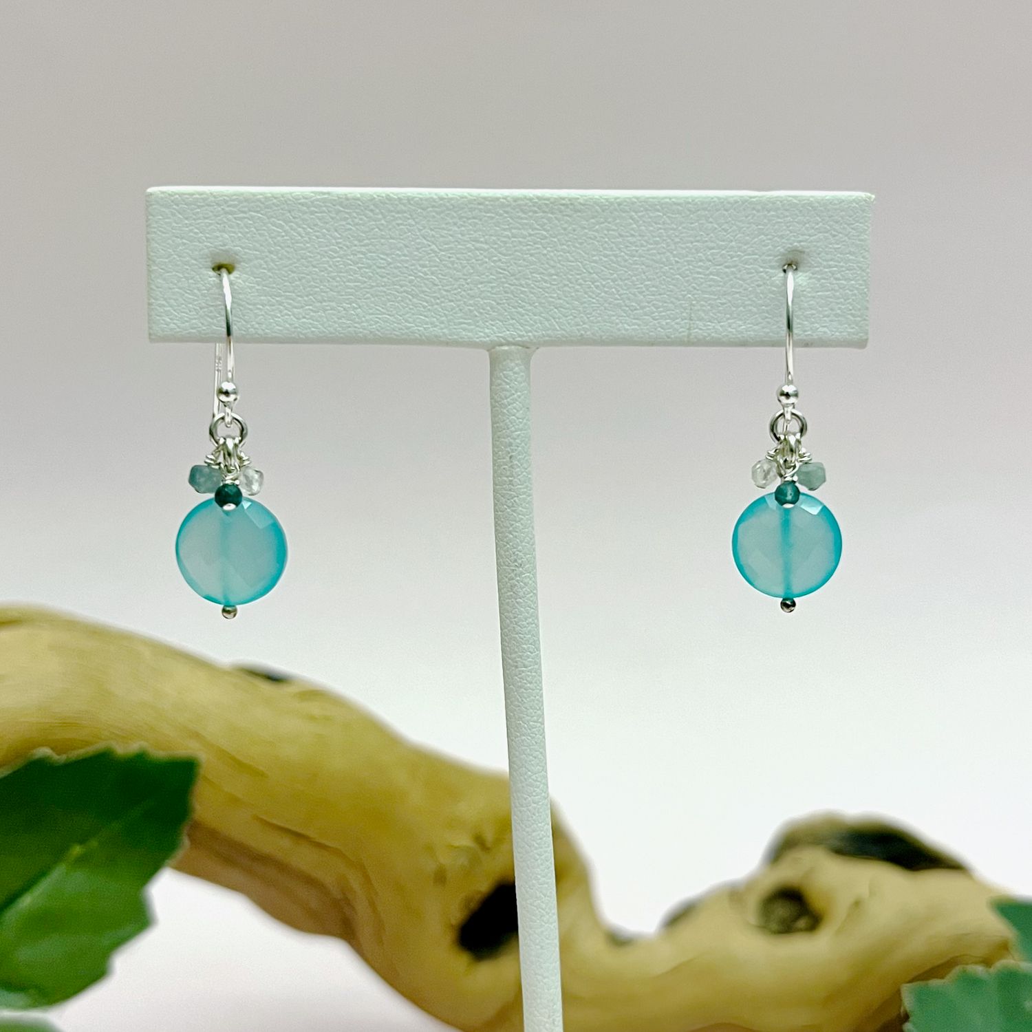 Handmade Earrings with peruvian chalcedony coin, green tourmaline, green kyanite, rainbow moonstone