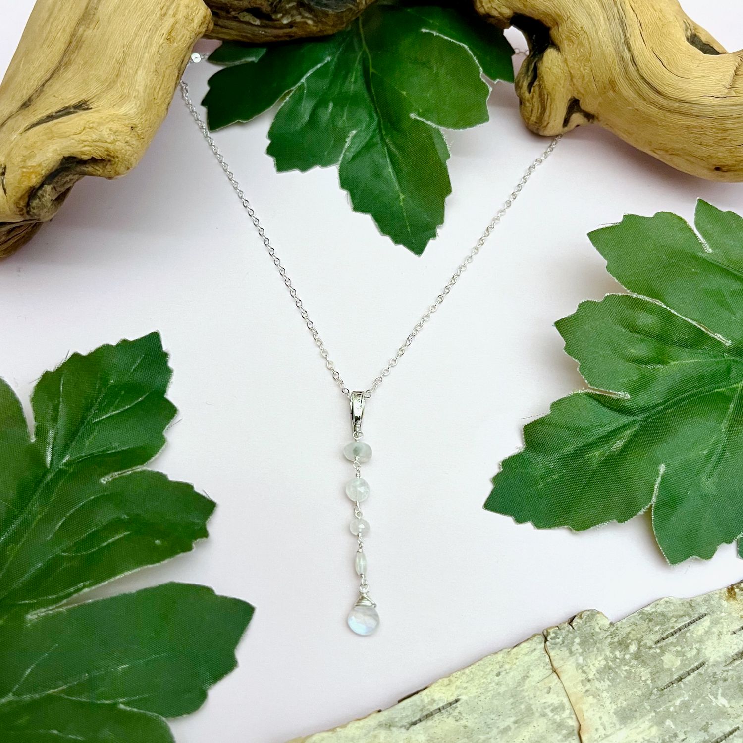 Handmade Necklace with graduated sizes rainbow moonstone dangle