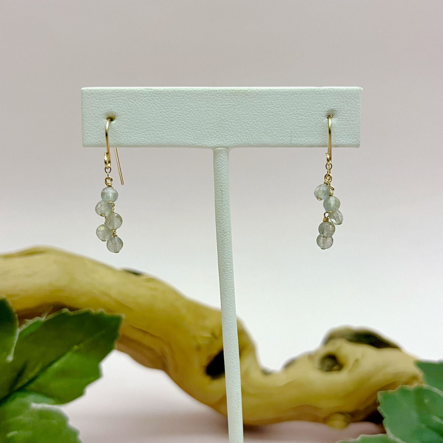 Handmade Earrings with dangle tiny labradorite coins, 14 k gf