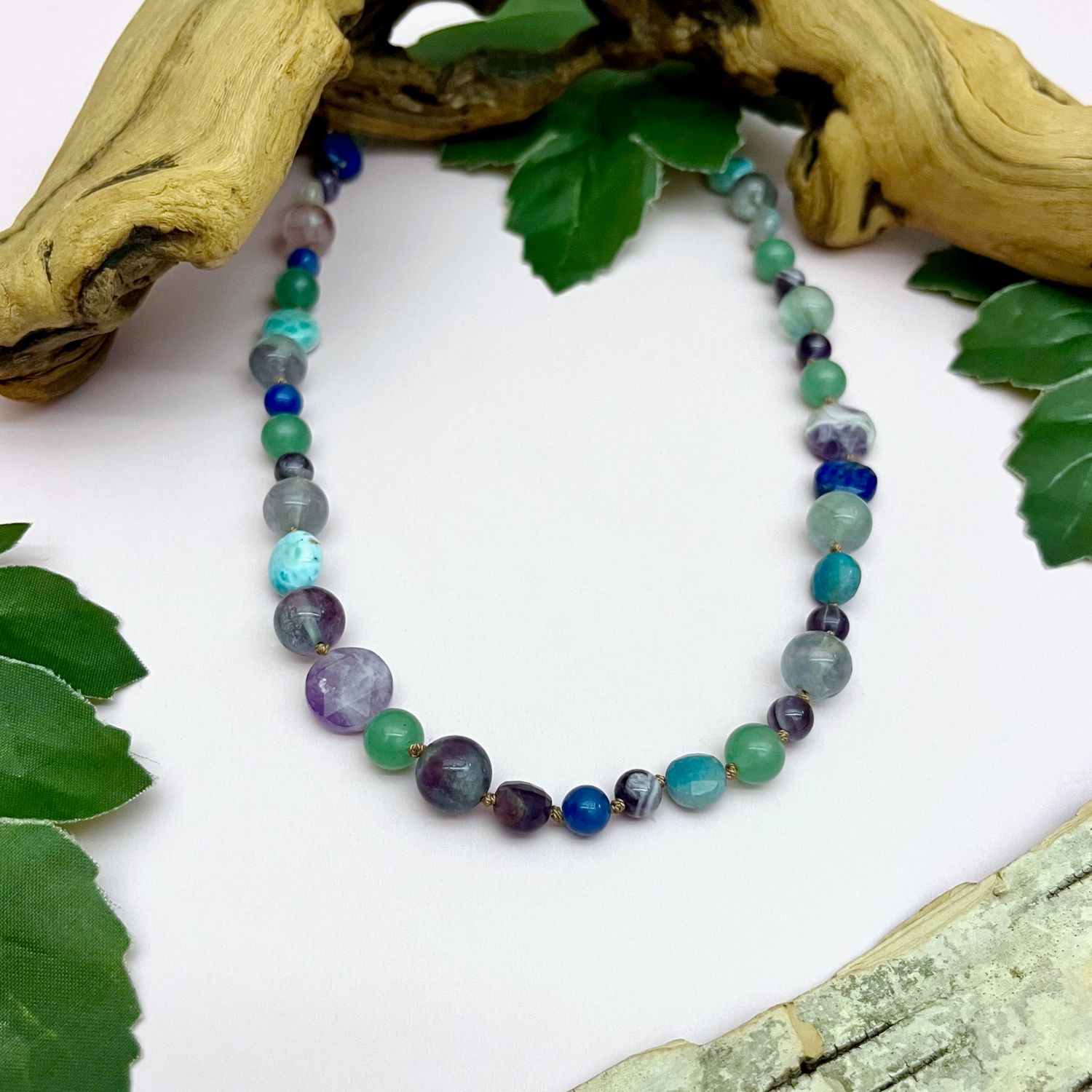 Handmade Necklace with larimar, amethyst, lapis, fluorite knotted on tan silk