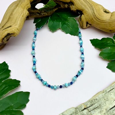 Handmade Necklace with larimar, sodalite, aquamarine discs knotted on blue silk