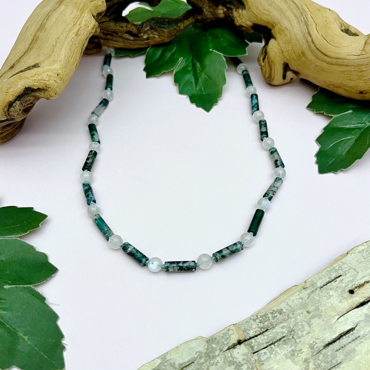 Handmade Necklace with moss agate tubes, rainbow moonstone balls knotted on green silk