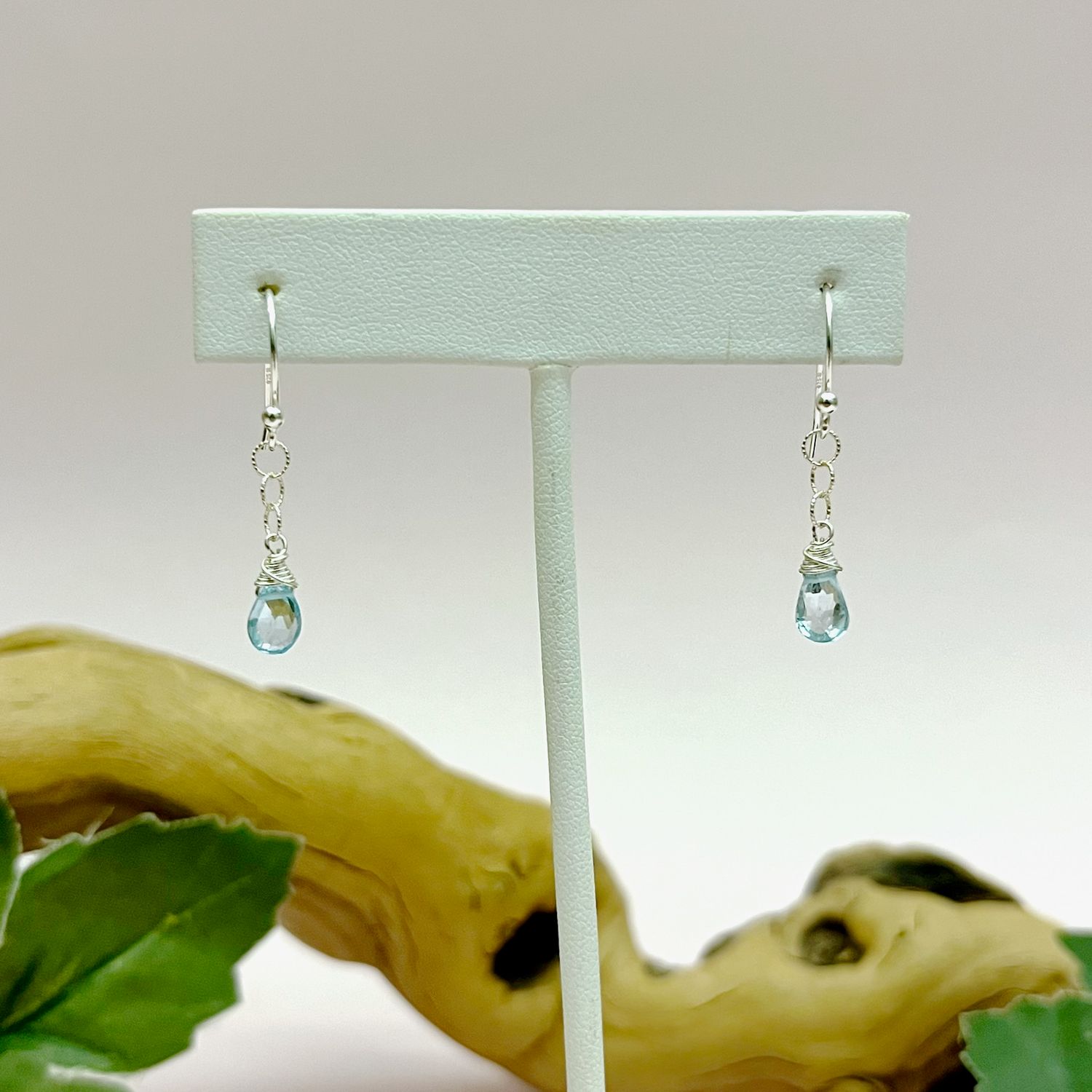 Handmade Earrings with sky blue topaz on textured link chain