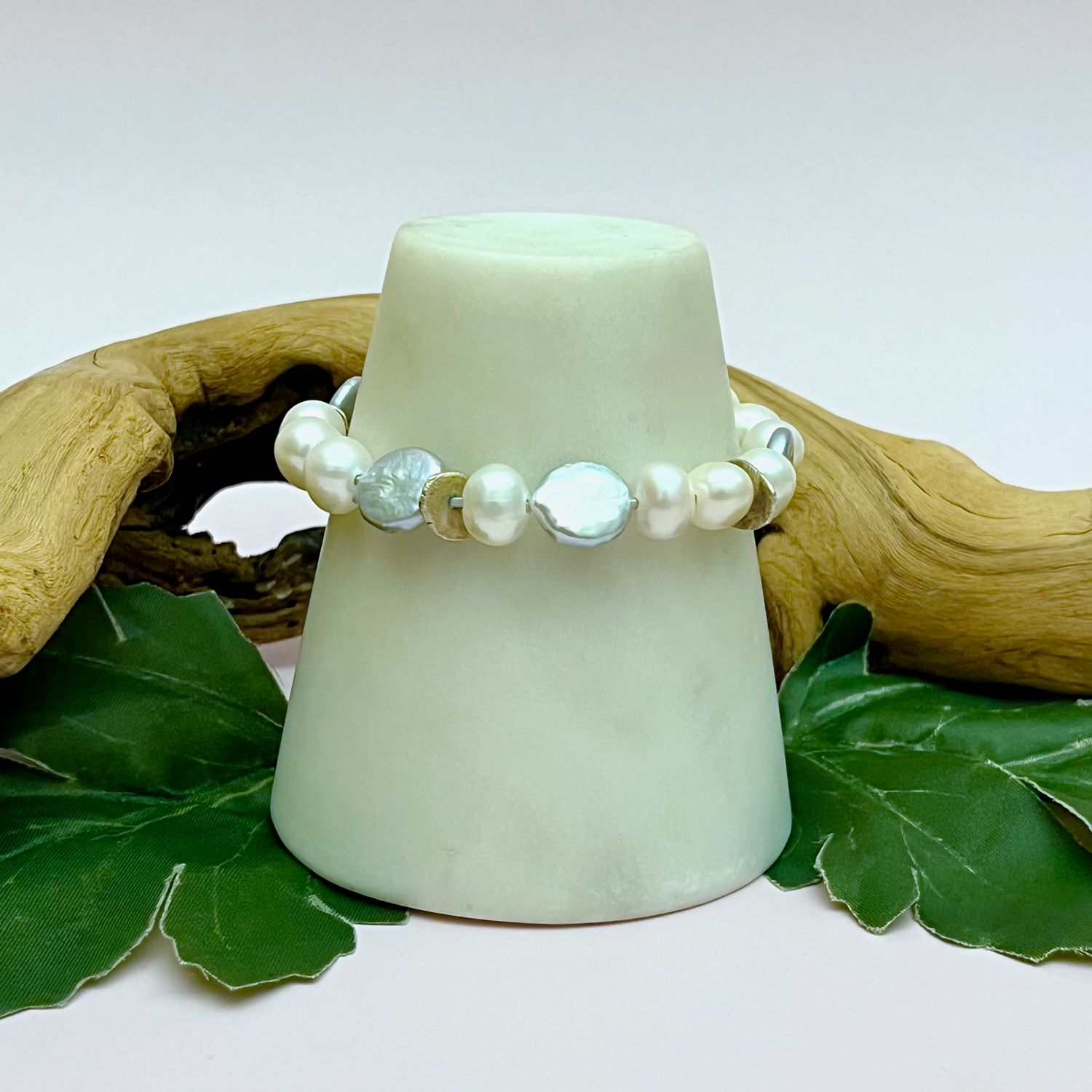 Handmade Bracelet with white, grey coin pearls on leather