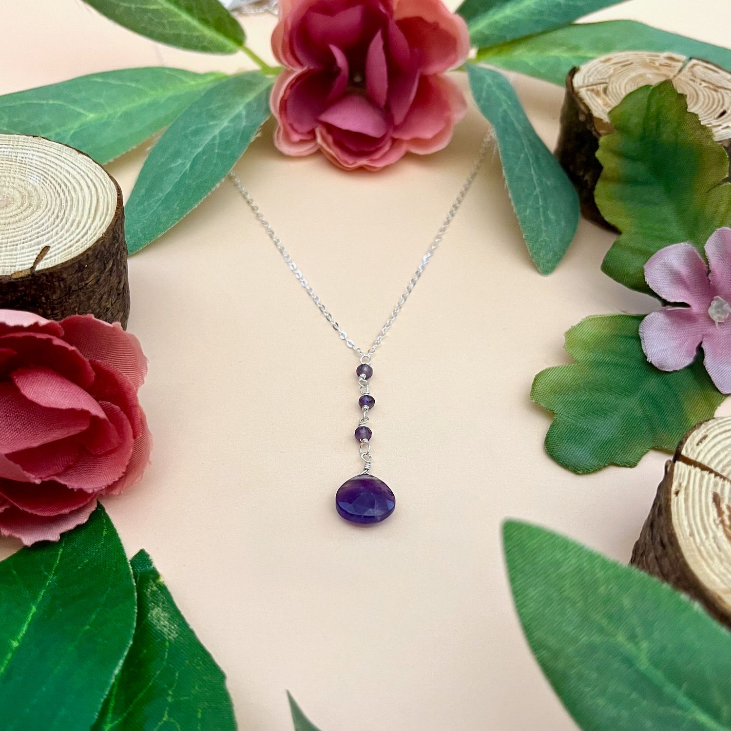 Handmade Amethyst Y Necklace, SS, 18"