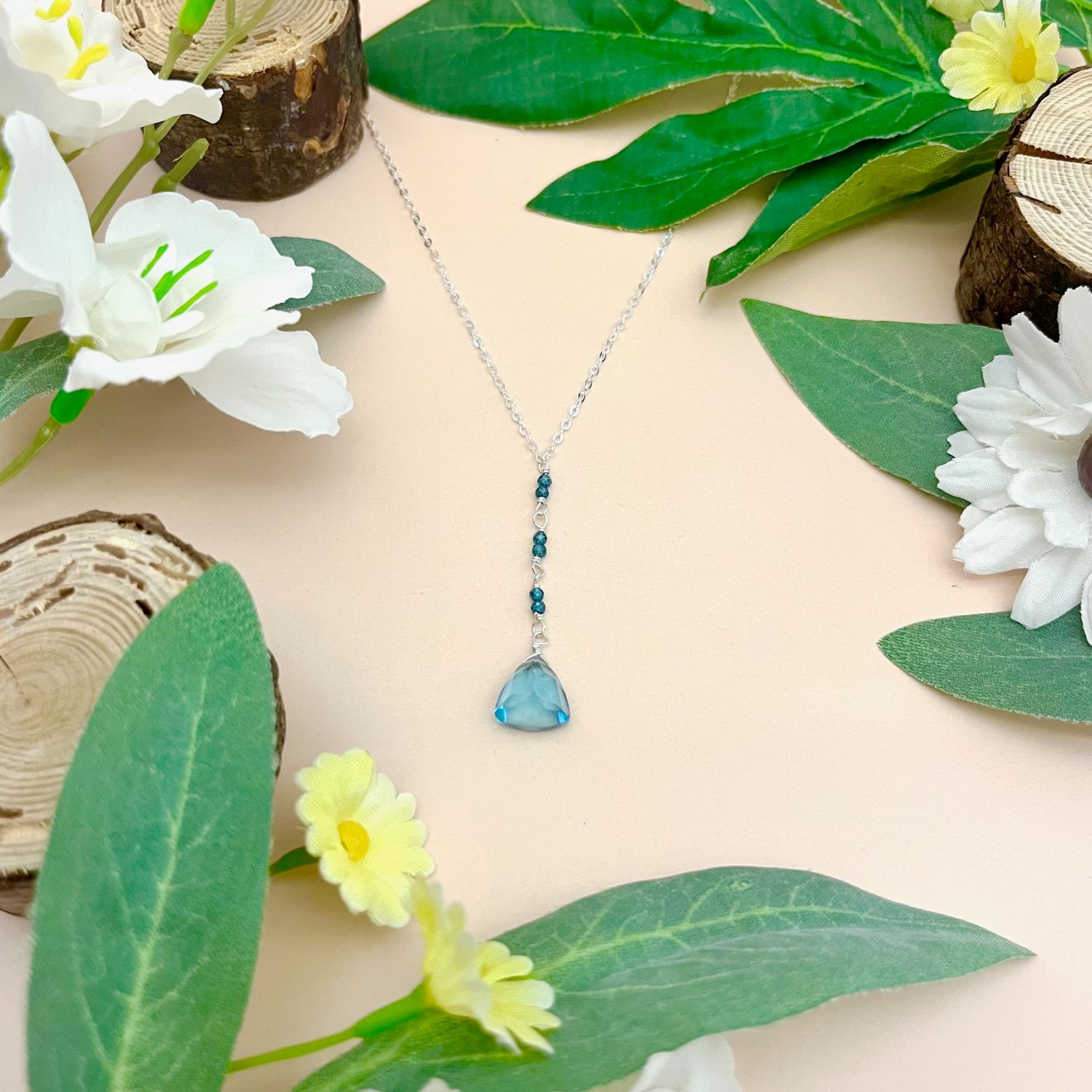 Handmade Blue Topaz Y Necklace, SS, 18"