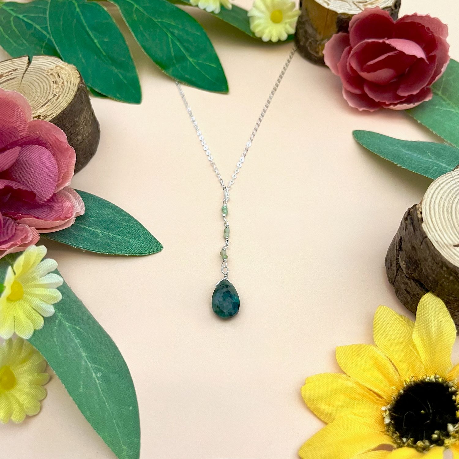 Handmade Emerald Y Necklace, SS, 18"