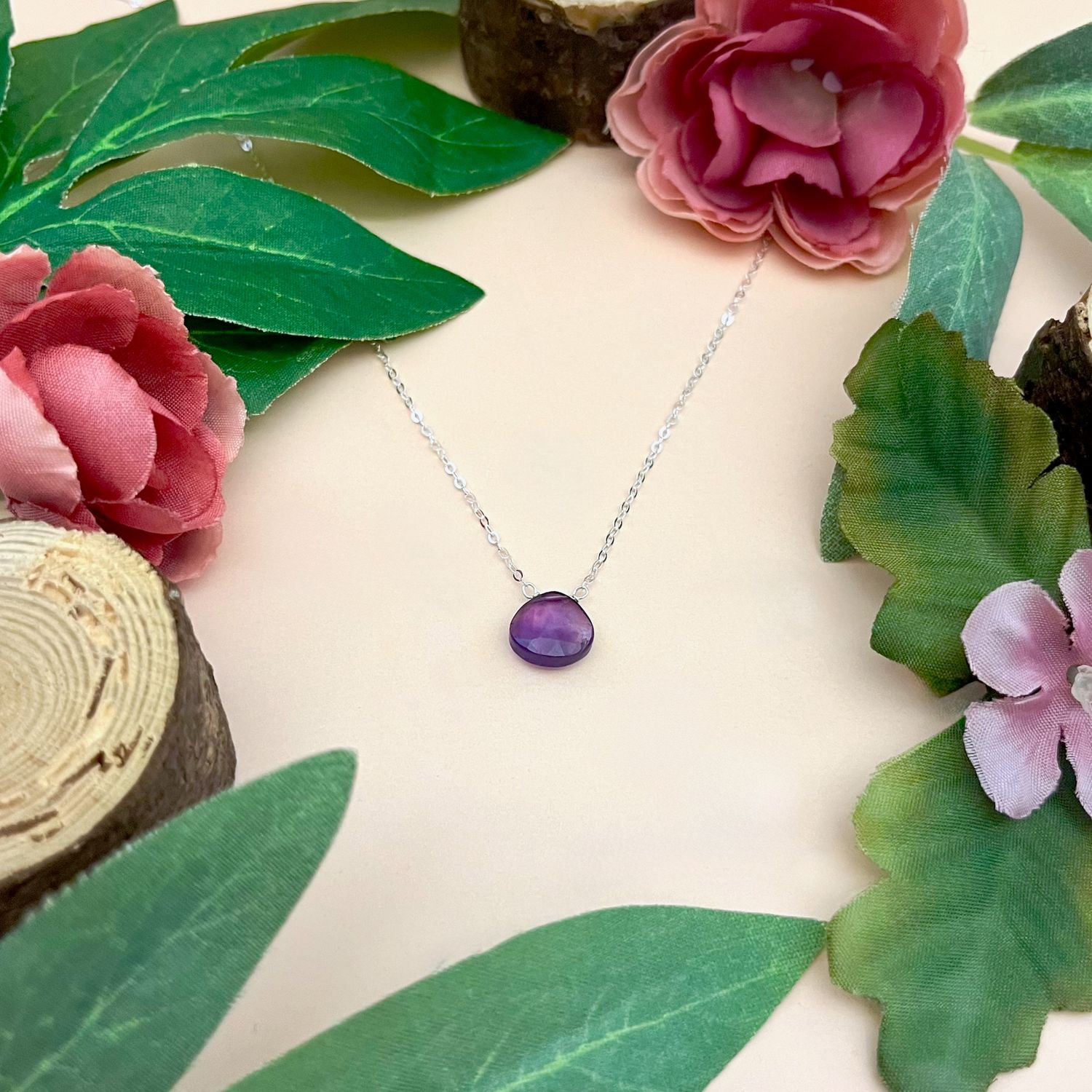 Handmade Simple Amethyst drop Necklace, SS