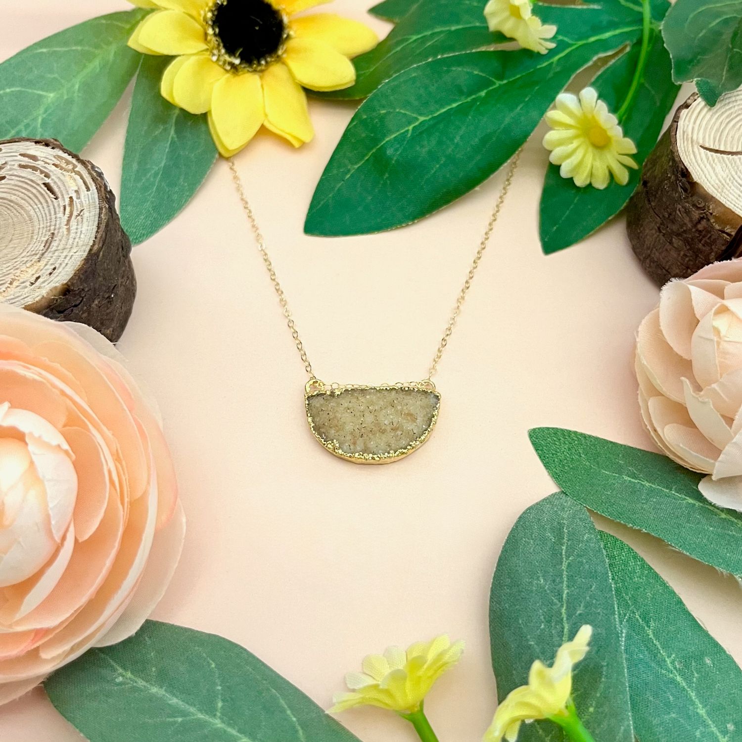 Handmade Grey Drusy Half Moon Necklace GF, 16-18"