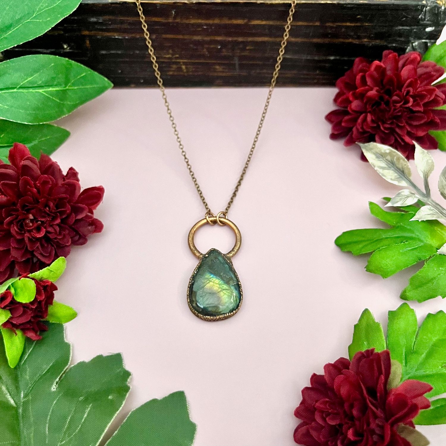 Large Teardrop Labradorite with Copper Ring  on 30” Copper Chain Statement Necklace