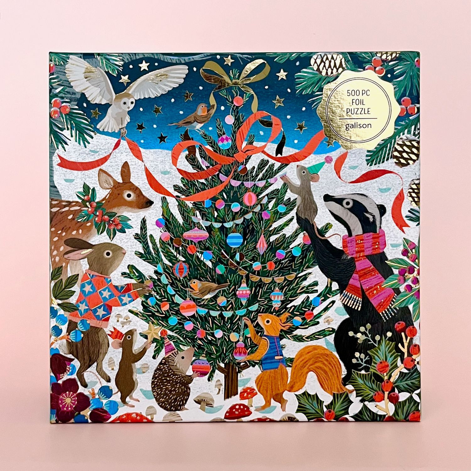Woodland Merrymakers Tree Trimming 500 Pc Holiday Foil Puzzle