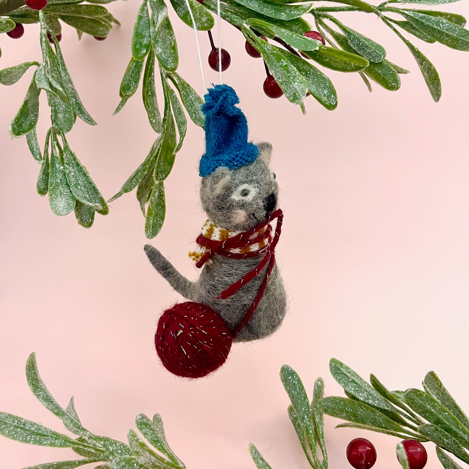 Wool Felt Cat Ornament, Style: Blue Hat  &amp; Yarn