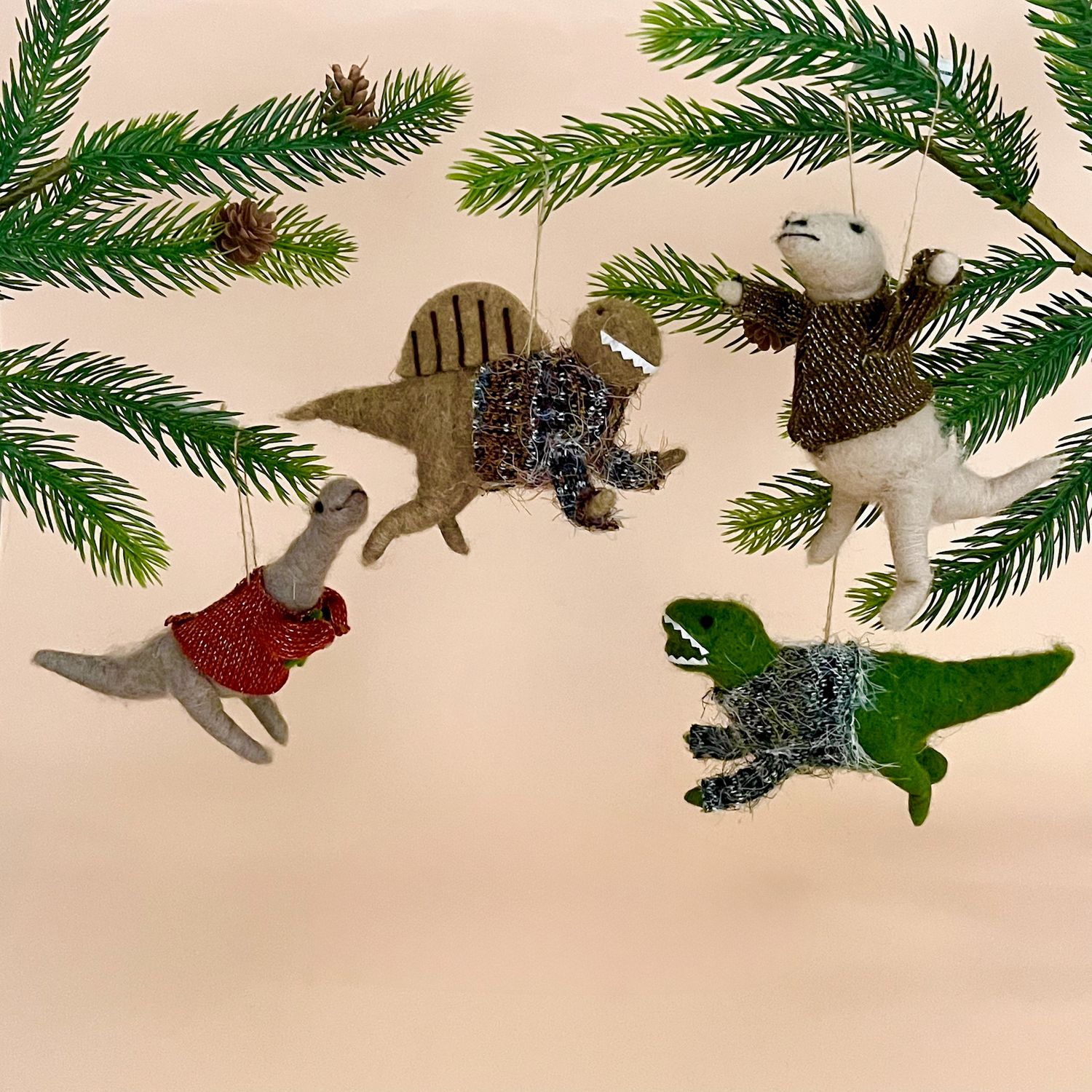 Wool Felt Dinosaur in Sweater Ornament