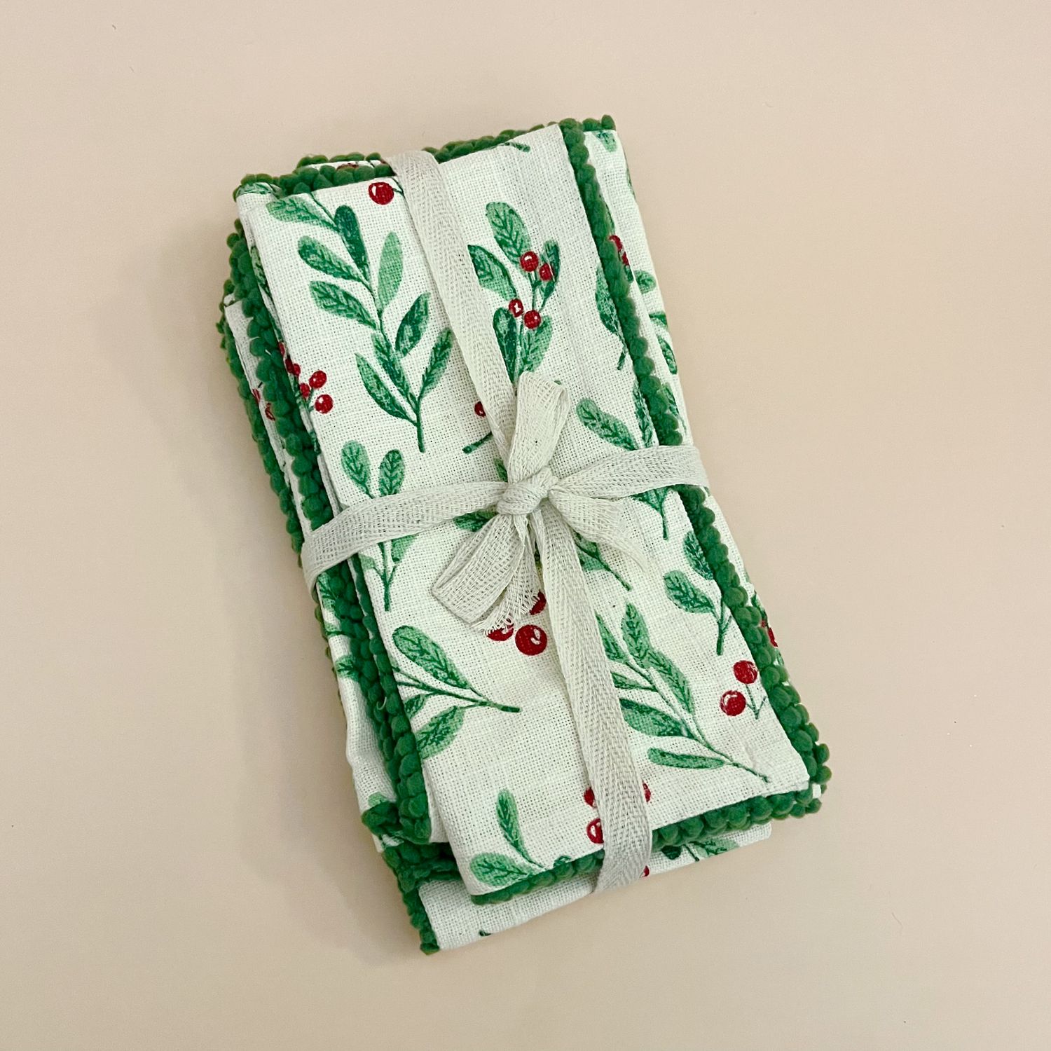 Cotton Slub Printed Napkins with Mini Pom Pom Trim S/4